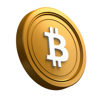 Element vizual din secțiunea hero reprezentând o monedă Bitcoin BTC în poziție înclinată